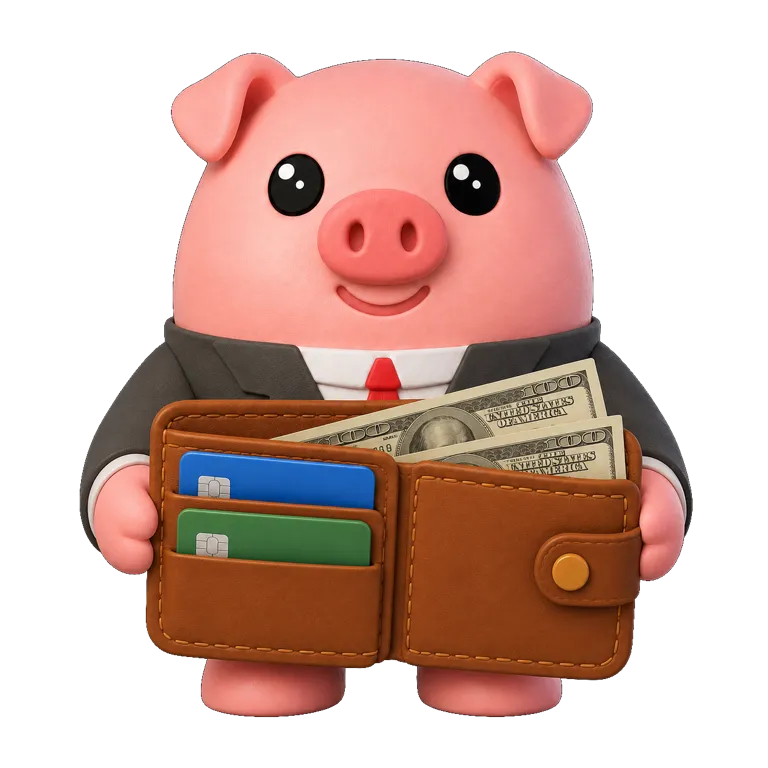 MiLana, el cerdito guía de la app, con traje y portafolio